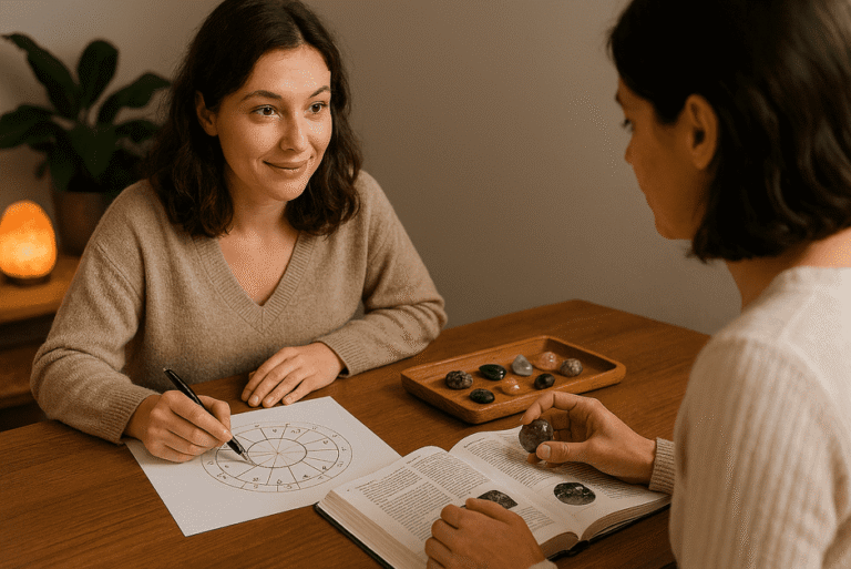 Astrologer consulting with a gemologist to select the perfect gemstone based on astrological guidance and gem quality.