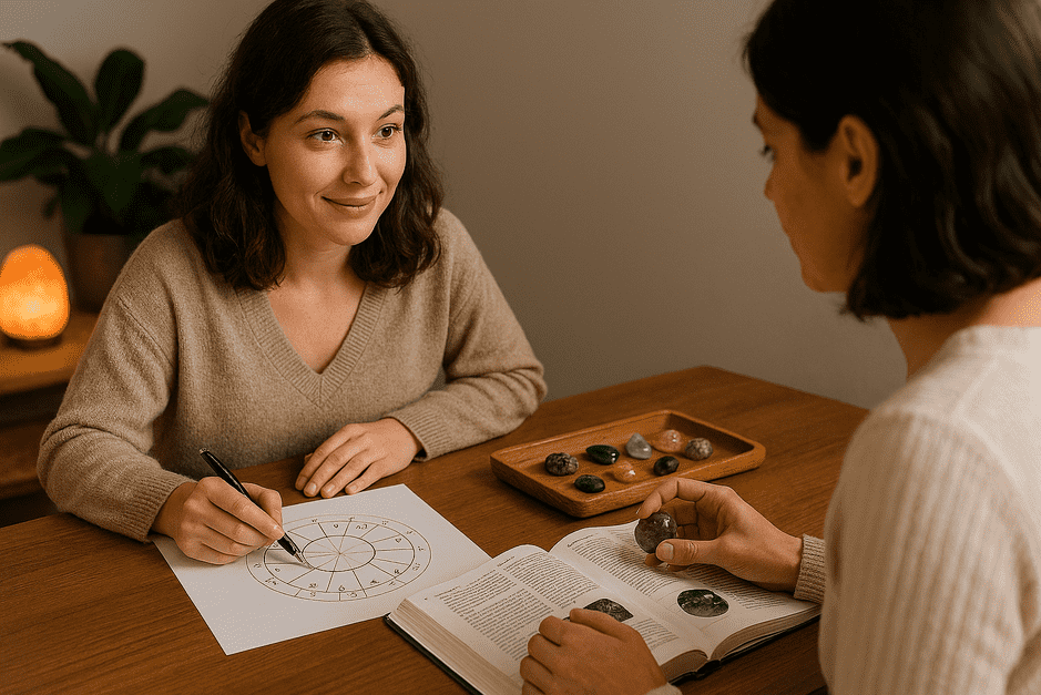 Astrologer consulting with a gemologist to select the perfect gemstone based on astrological guidance and gem quality.