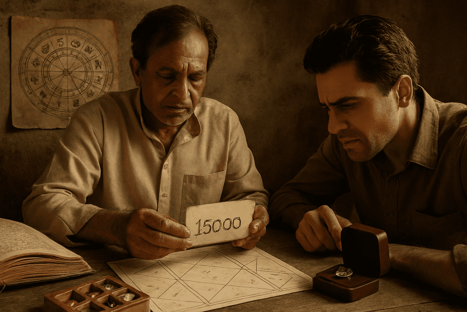 A person holding a gemstone while an astrologer discusses price, highlighting the risks of inflated costs.