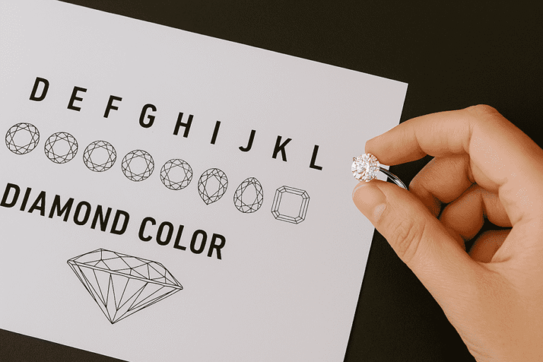 A sparkling diamond set in a ring showing near-colorless brilliance, highlighting G, H, and I color grades.