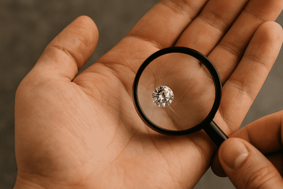 A person examining a gemstone with skepticism, considering whether confirmation bias may influence their judgment.