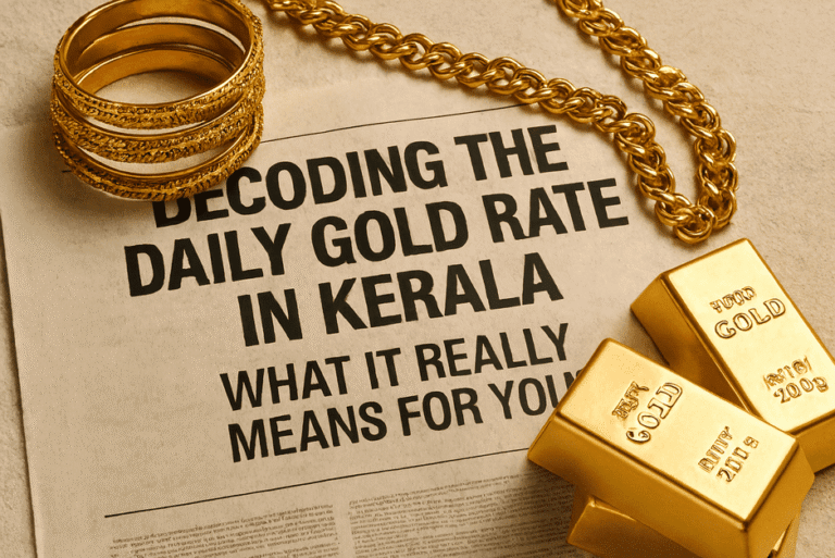 Gold bars and coins with a chart showing daily gold rate fluctuations and a calculator.