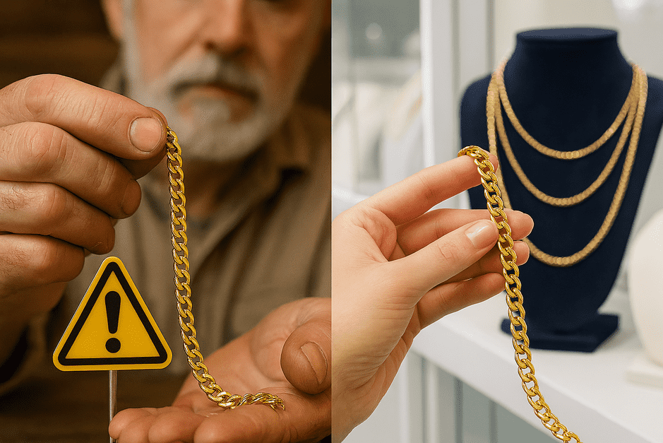 Comparison of gold chains displayed in a family jeweller’s cozy shop and a big brand showroom.