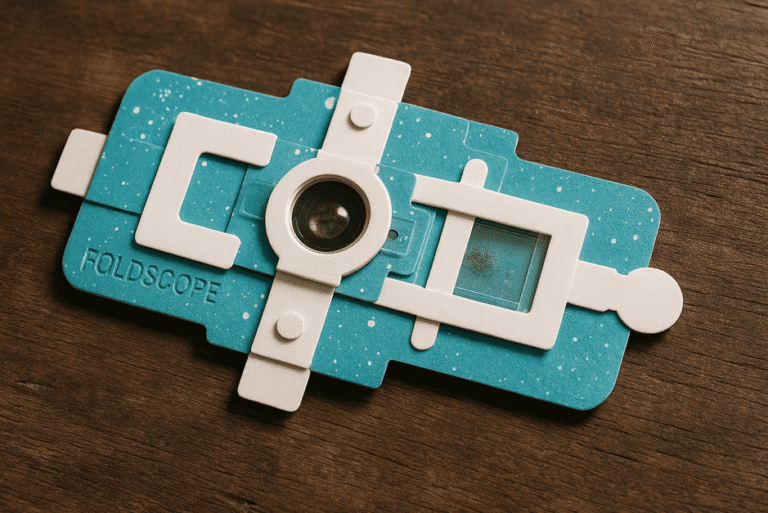 Foldscope, a foldable paper microscope invented by Manu Prakash and Jim Cybulski, costing less than one dollar.
