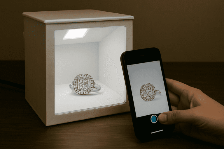 GemLightbox by Gesswein—a compact, smartphone-compatible lightbox with optional turntables for 360° jewelry photos and videos.
