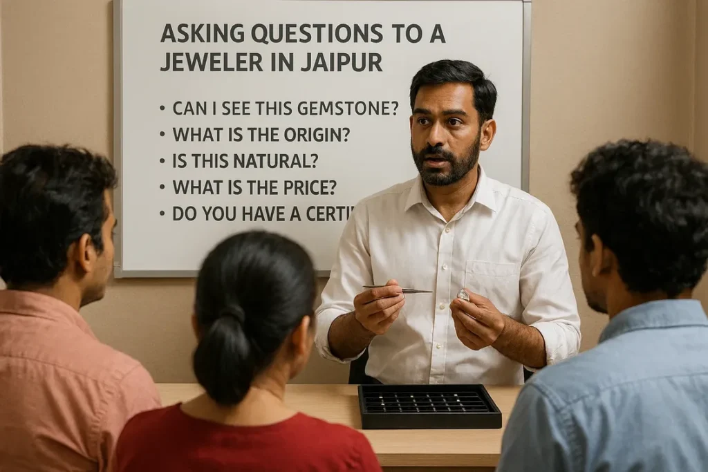Gemstones displayed in Jaipur’s Johari Bazaar with a focus on clarity and color under natural light.