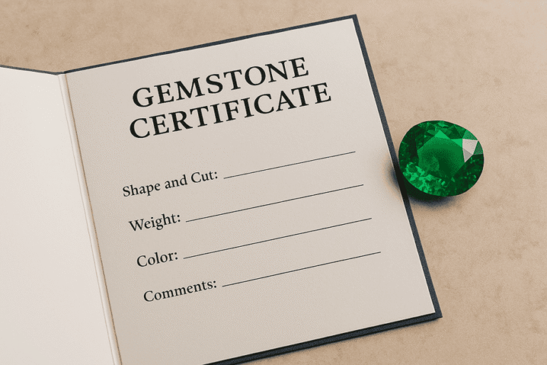 Close-up of a gemstone certificate from a reputable gemological lab showing detailed analysis and authenticity marks.
