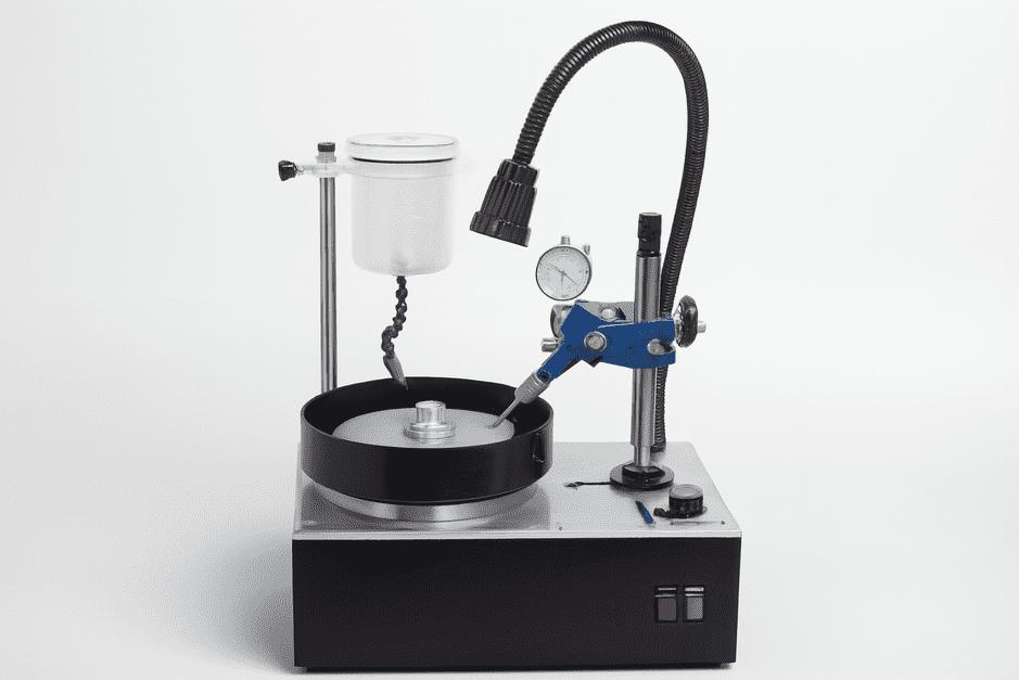 Professional 220W BLDC gem faceting machine with accessories, featuring a precision dial, polishing lap, and adjustable LED light.