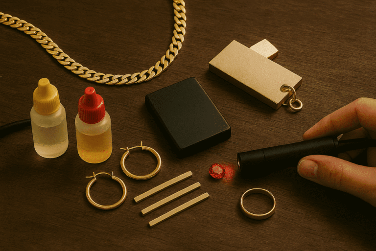 Gold testing methods including touchstone acid test, XRF machine scanning gold jewelry, and hallmark verification.