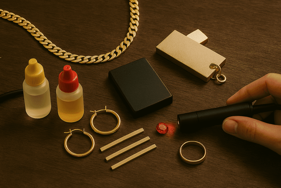 Gold testing methods including touchstone acid test, XRF machine scanning gold jewelry, and hallmark verification.