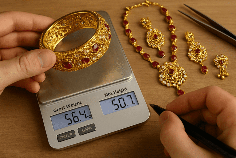 Close-up of stone-studded jewelry with a scale showing the difference between gross and net weight.
