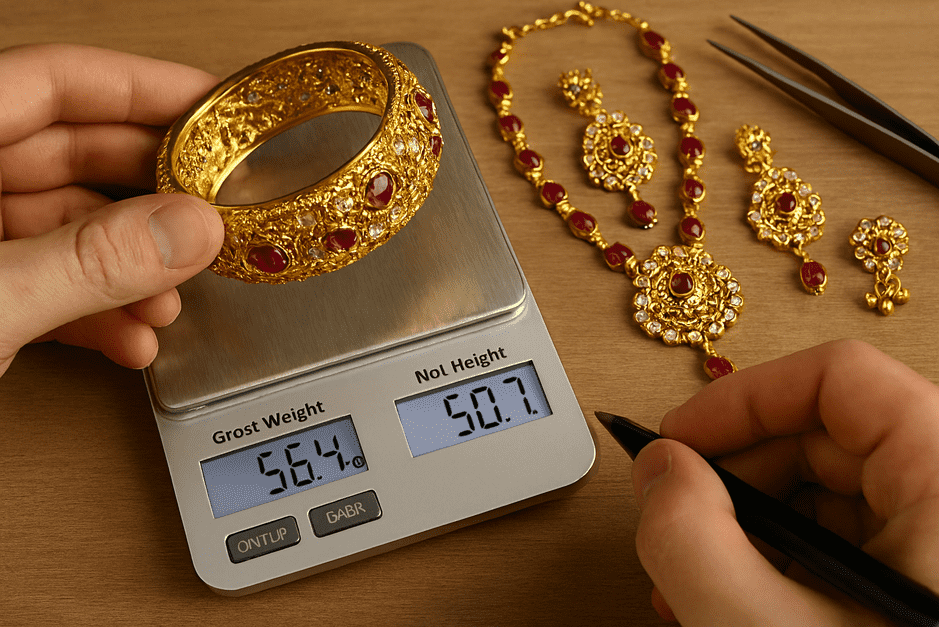 Close-up of stone-studded jewelry with a scale showing the difference between gross and net weight.