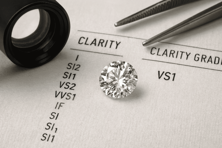 Close-up of a sparkling diamond showing no visible inclusions to the naked eye, labeled as “eye-clean.”