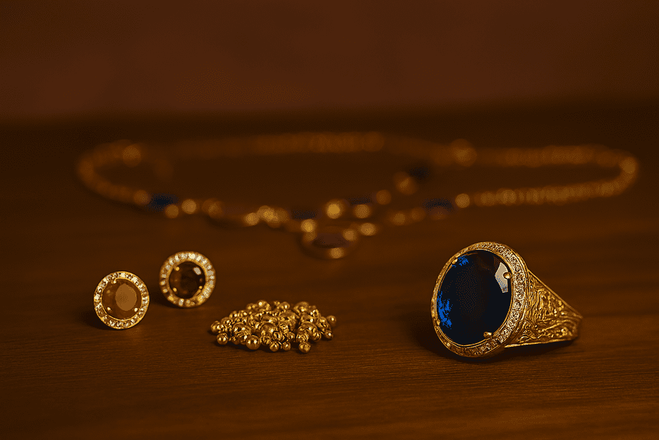 Gold bangle with red gemstones and jewelry scale showing separate weights for stones and gold.