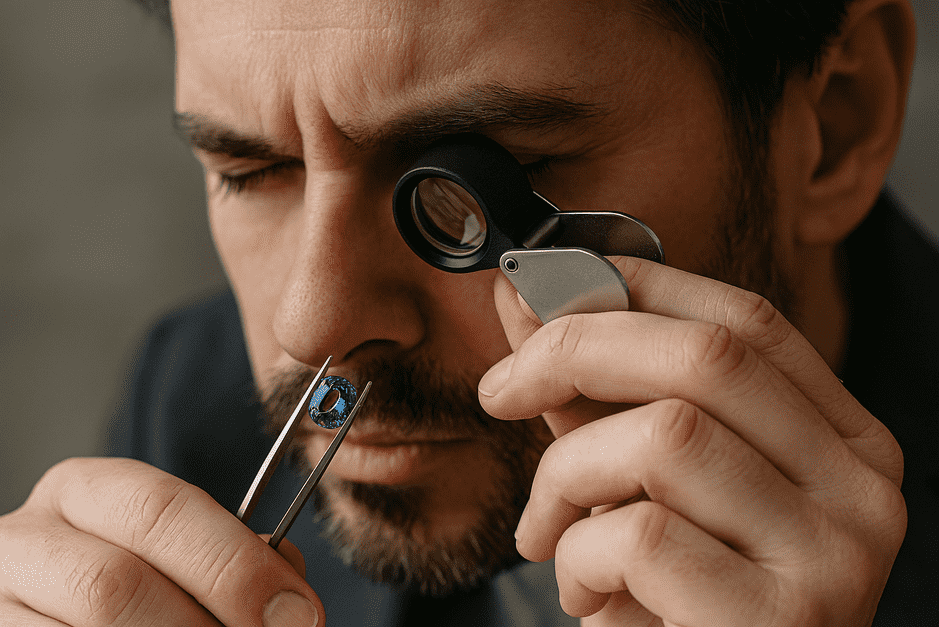 A 10x triplet loupe held close to the eye, used to examine the internal features of a cut gemstone.