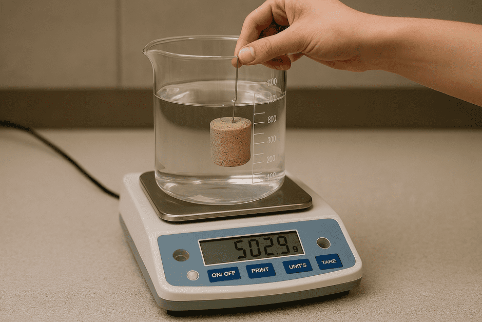 Modern single-pan electronic balance setup for hydrostatic weighing of gemstones using a wire cage and water beaker.