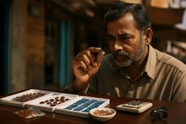 Gemstones displayed in Johari Bazaar, Jaipur, with shop signs and vibrant colors.