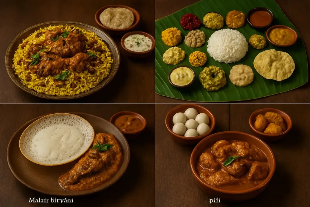 Traditional Kerala dishes served on banana leaves in a cozy restaurant setting reminiscent of Kerala plantation homes.