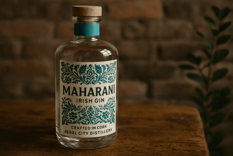 Bottle of Maharani Irish Gin with citrus fruits and spices from Kerala, Ireland background.