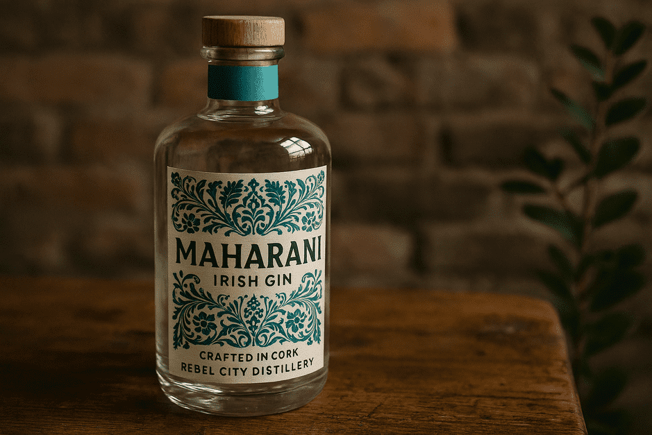 Bottle of Maharani Irish Gin with citrus fruits and spices from Kerala, Ireland background.