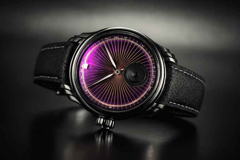 MING 57.04 Iris wristwatch with a 40mm stainless steel case, color-shifting dial between turquoise and purple, and stepped lugs.