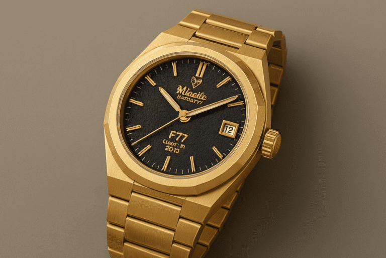Nivada Grenchen F77 Mark II Gold watch with 38mm 18K gold-plated case, black onyx dial, and gold dauphine hands.