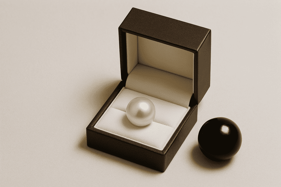 Close-up of lustrous round pearls next to a branded jewelry box, showing shine and surface quality.