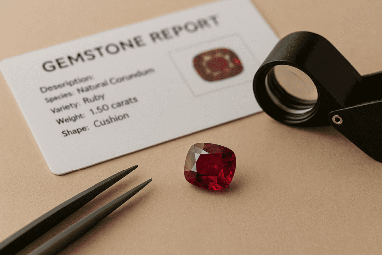 Ruby gemstone with certification documents from reputable gemological labs like GIA and SSEF.