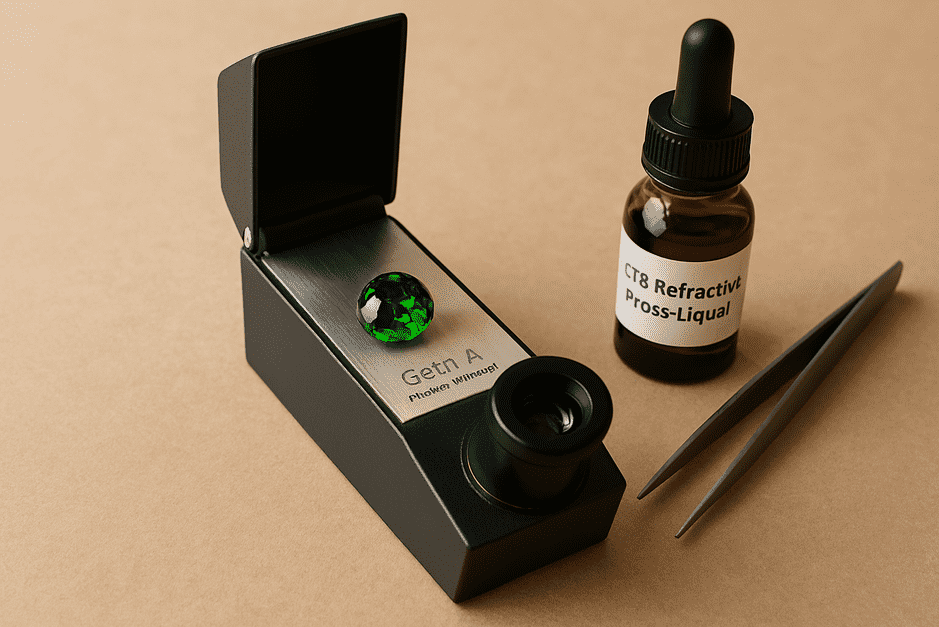 Gemologist using a refractometer to measure the refractive index of a gemstone placed table-down with contact liquid.