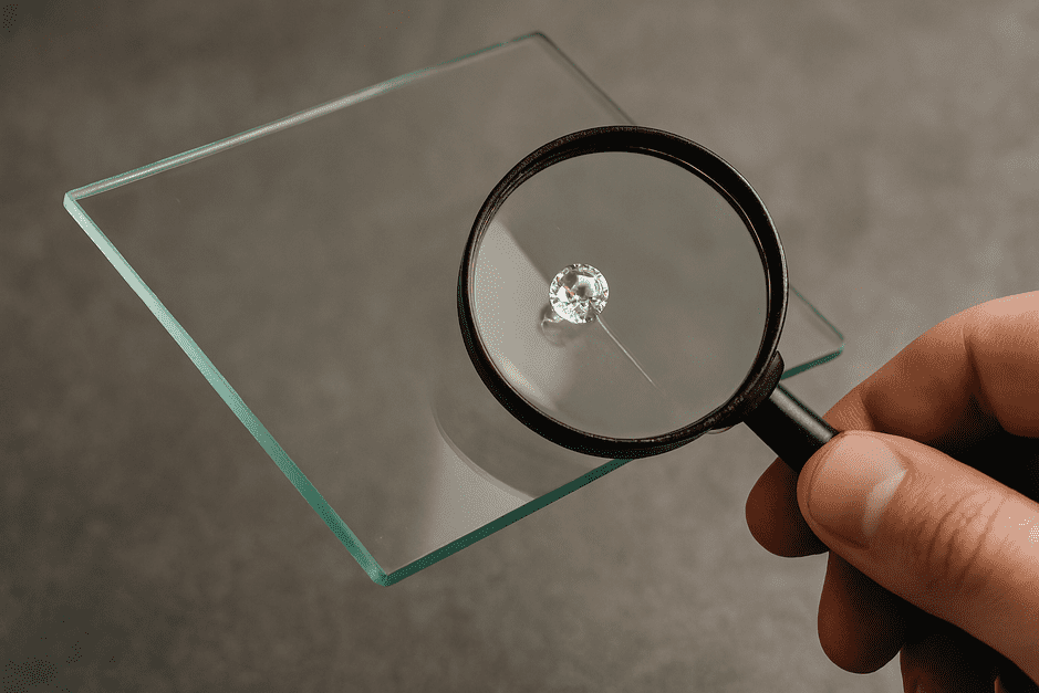 Illustration showing common unreliable diamond tests like scratching glass, fogging, and heat, contrasted with professional diamond testers and gemologist certification.