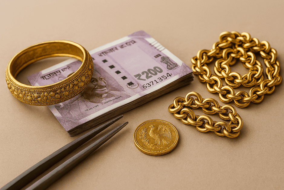 Gold jewelry being weighed on a digital kitchen scale, BIS hallmark visible on gold bangle, and clear photos taken with a smartphone.