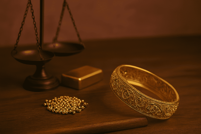 Close-up of 22K gold jewelry with a clear "916" hallmark stamp indicating 91.6% purity.