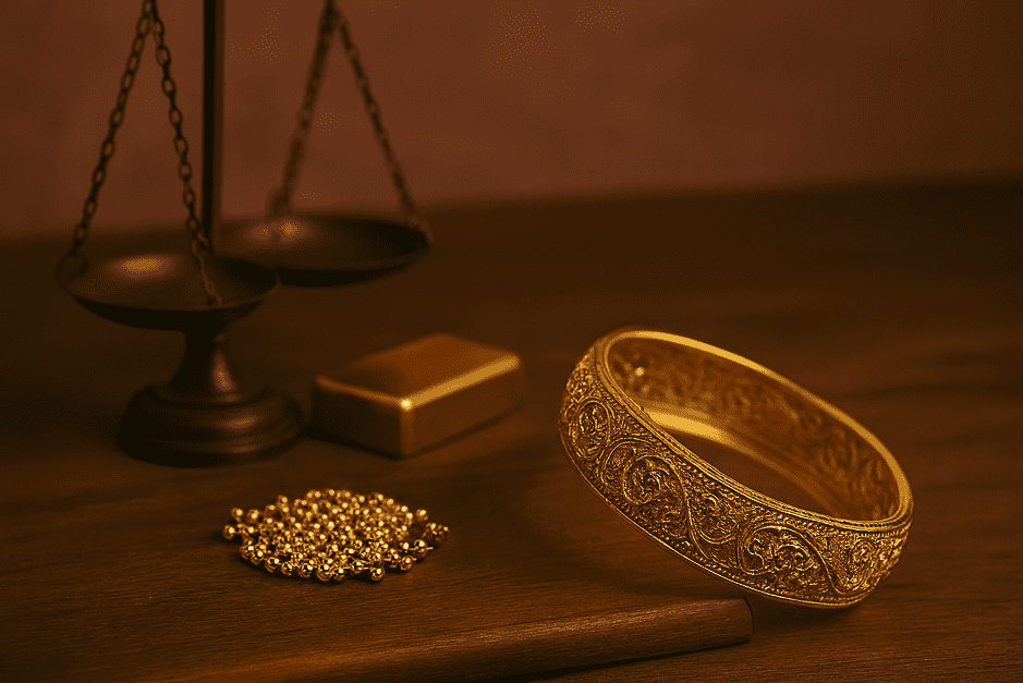 Close-up of 22K gold jewelry with a clear "916" hallmark stamp indicating 91.6% purity.