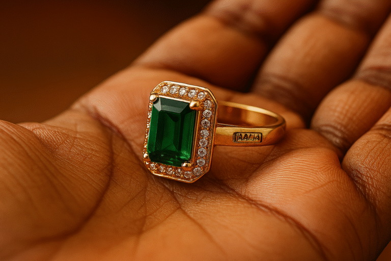 Close-up of a gold jewelry piece displaying the HUID hallmark stamp for authenticity in Kerala.