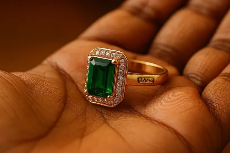 Close-up of a gold jewelry piece stamped with the BIS hallmark logo, purity mark, and a laser-etched 6-digit HUID code.