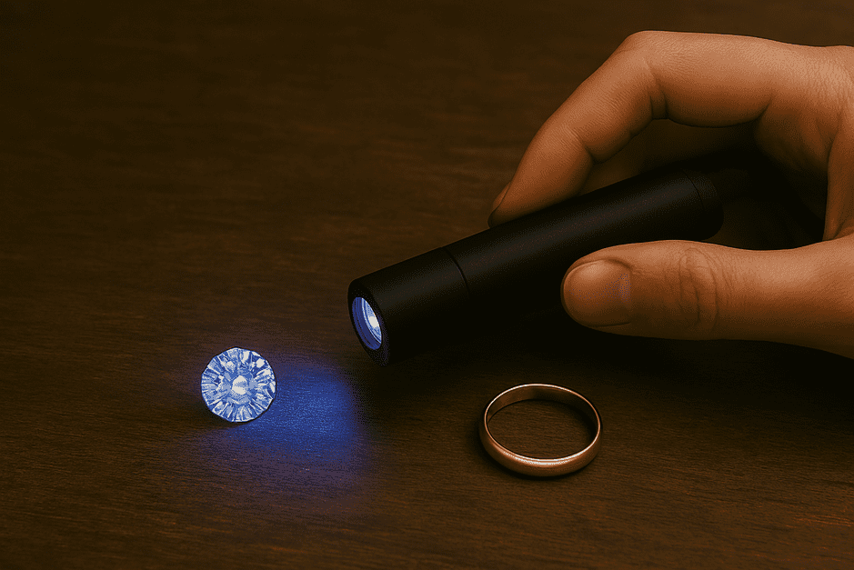 Diamond glowing blue under ultraviolet light showing fluorescence effects on color and clarity.