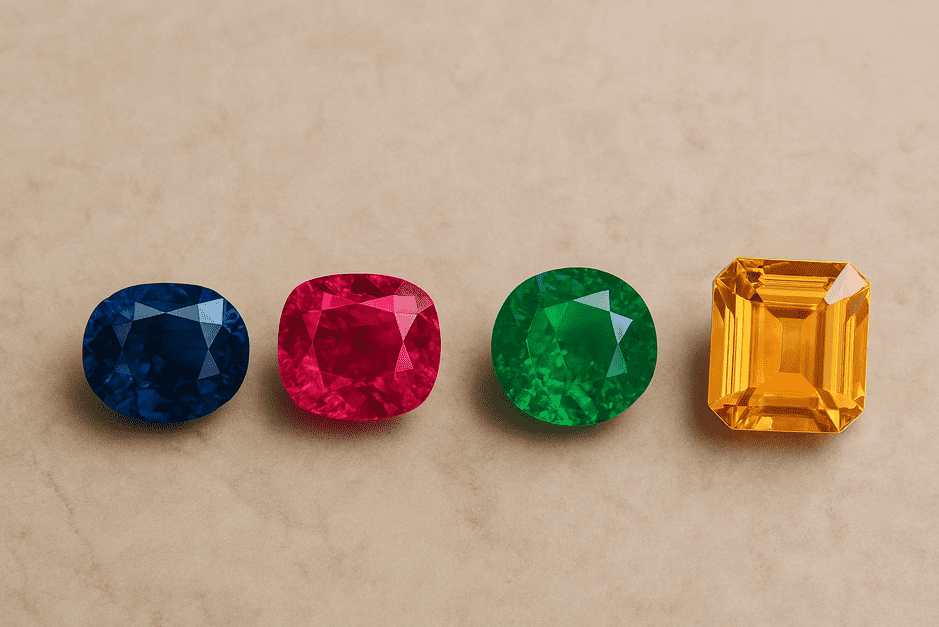 Vivid colored gemstones including ruby, sapphire, and emerald showing rich hues and natural inclusions.