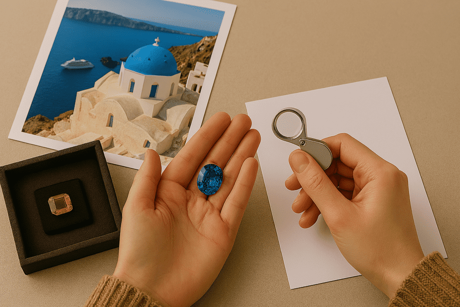 Vacation tourist examining a tanzanite gemstone in a jewelry shop with a warning about overpriced stones.