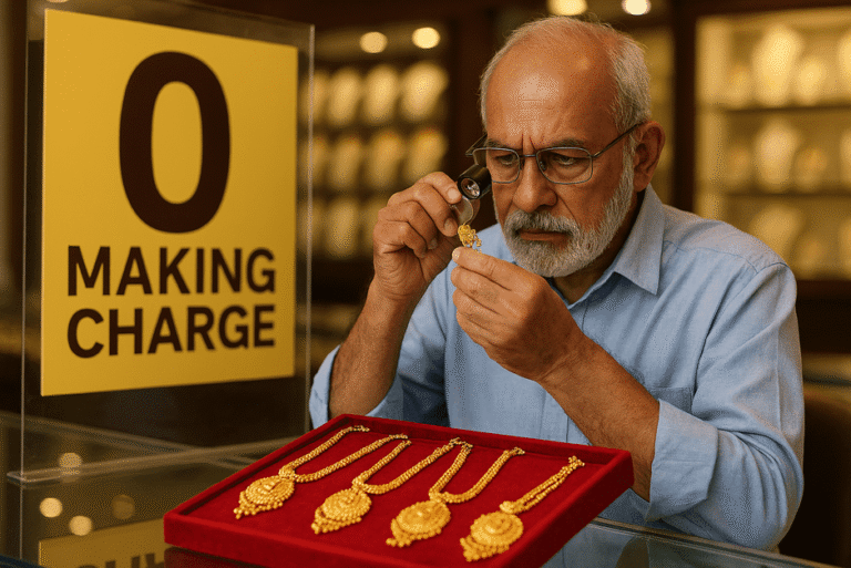 Close-up of gold jewelry price tag showing "Zero Making Charge" offer with hidden fees warning.