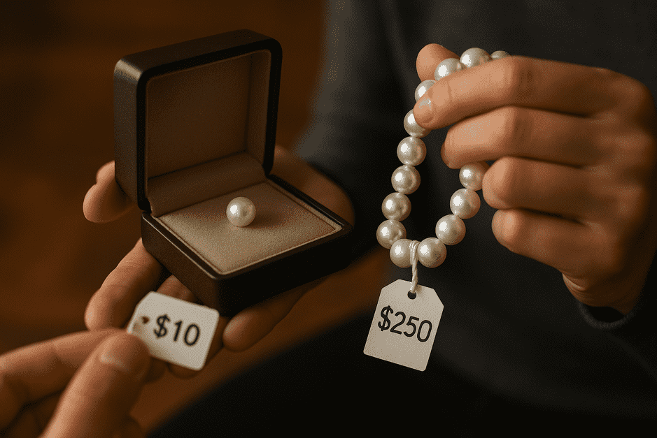 String of pearls showing subtle surface imperfections and natural lustre under light.