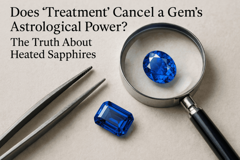Blue sapphire gemstone with a comparison between heated and unheated treatments and astrological effects.