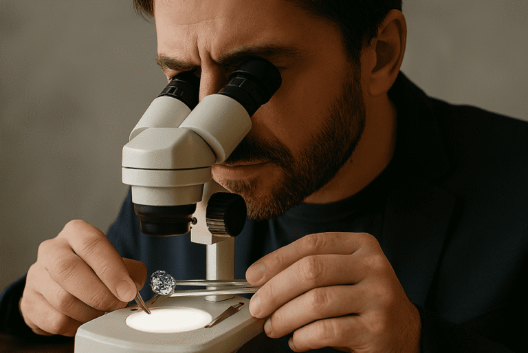 Close-up of a gemological microscope showing the objective and ocular lenses focusing on a gemstone for detailed examination.