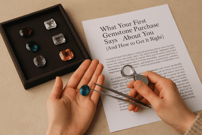 Person examining colorful gemstones thoughtfully, avoiding buying flashy stones to impress others.