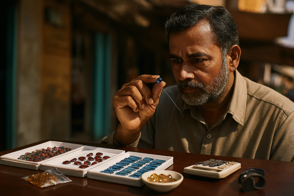 A gemstone dealer in Jaipur examines a small blue gem under natural light, surrounded by trays of colorful stones and tools on a wooden table in a bustling market setting.