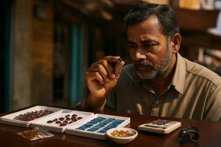 A gemstone dealer in Jaipur examines a small blue gem under natural light, surrounded by trays of colorful stones and tools on a wooden table in a bustling market setting.