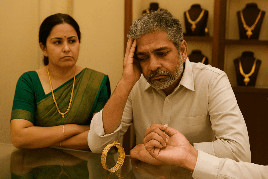 Gold jewelry displayed in a store during Akshaya Tritiya festival with shoppers browsing.