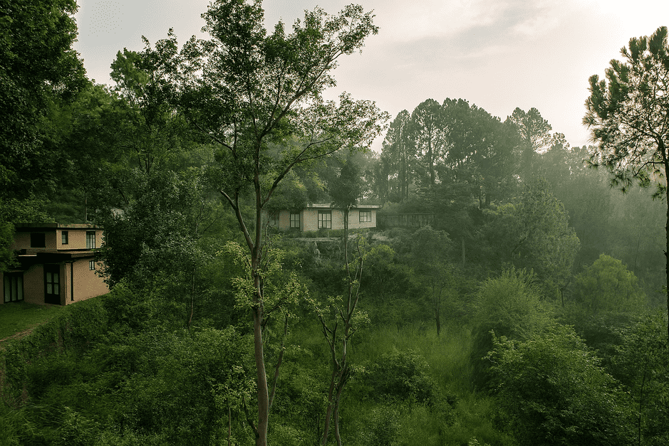 Handcrafted boutique villas nestled in terraced Himalayan forest at Amaya, Solane, Himachal Pradesh, with stone pathways and mountain views.
