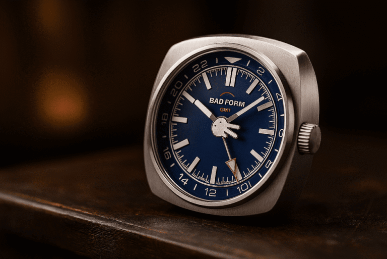 Bamford Bad Form GMT Desk Clock with stainless steel case and luminous blue dial.