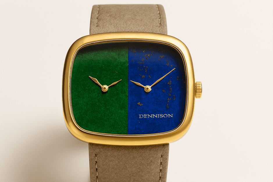 Dennison ALD Dual Time watch featuring a split dial of green Bloodstone and blue Lapis with a gold PVD case and black leather strap.