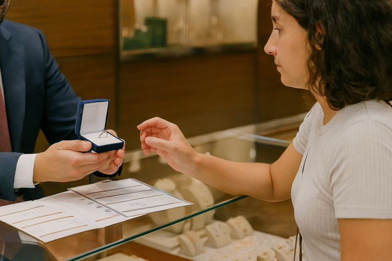GIA certified diamond with grading report in New York City jewelry store.